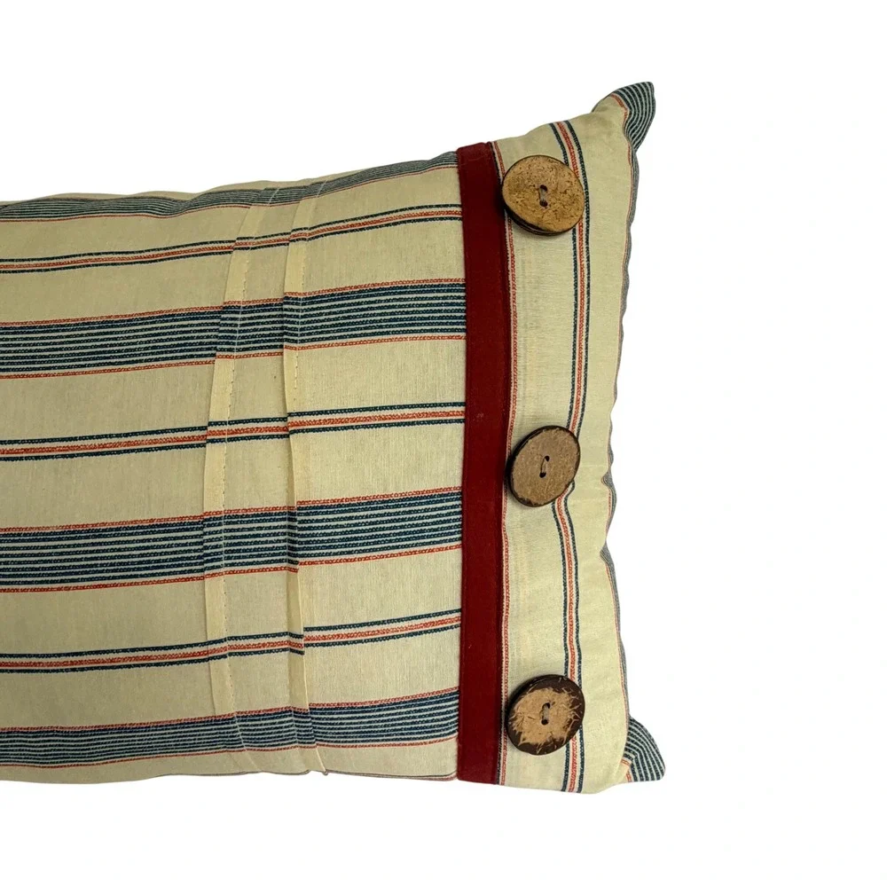 Farmhouse Ticking Stripe Lumbar Pillow Cream Red Navy Blue Rustic Button Accent